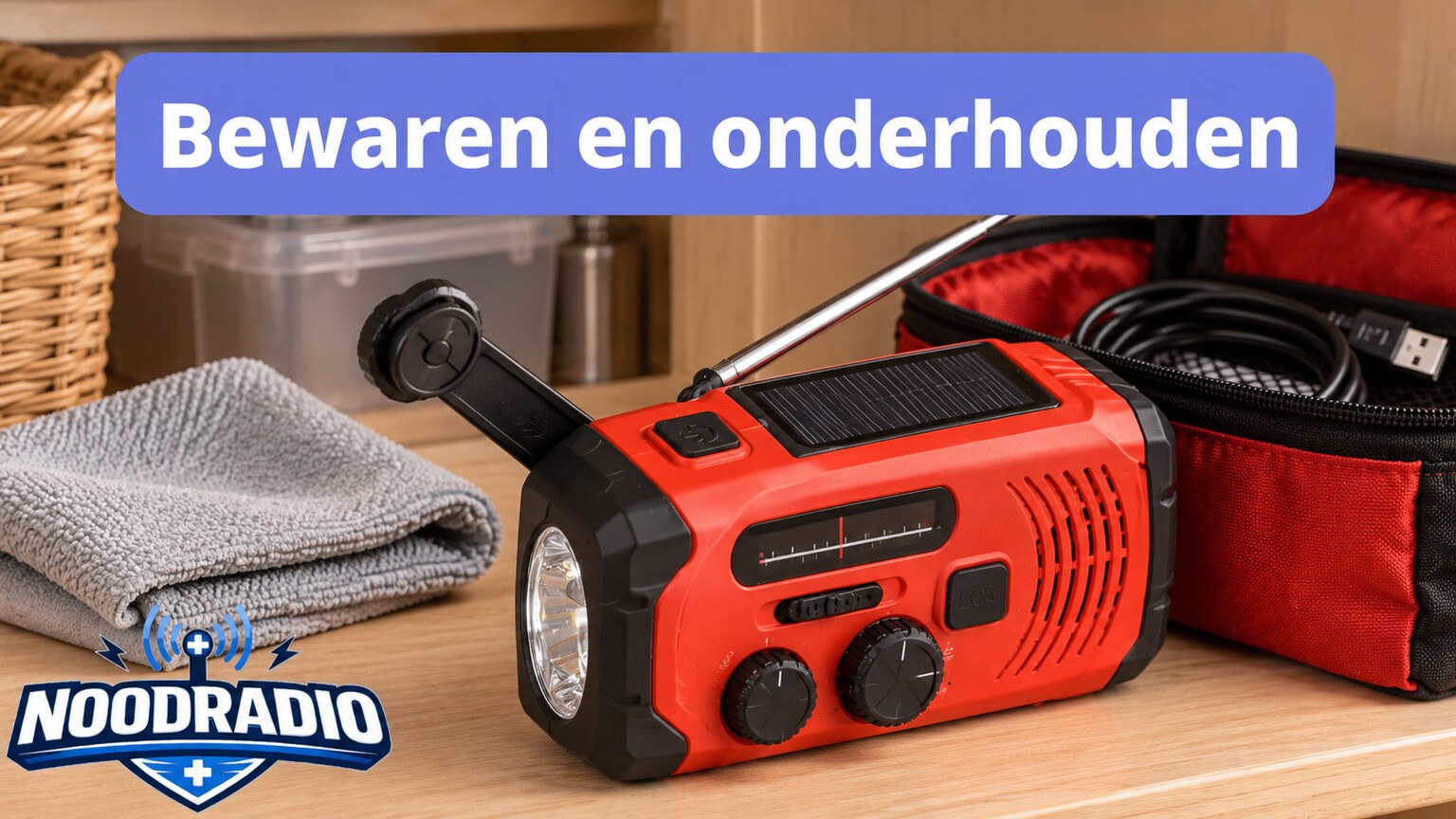 Noodradio met een opgerolde laadkabel, doek en tas op een opbergplank