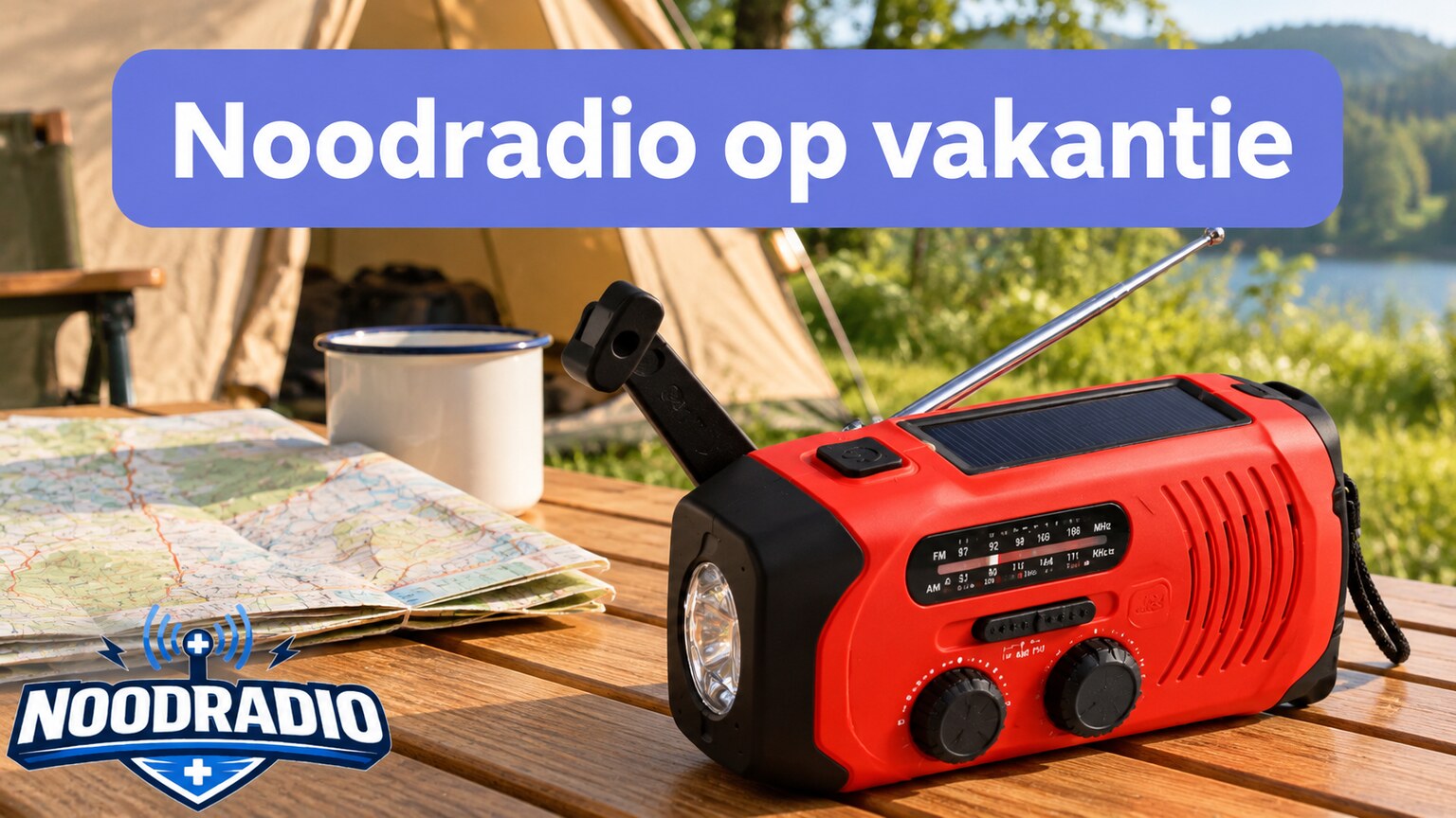 Noodradio op een campingtafel naast een kaart en een mok