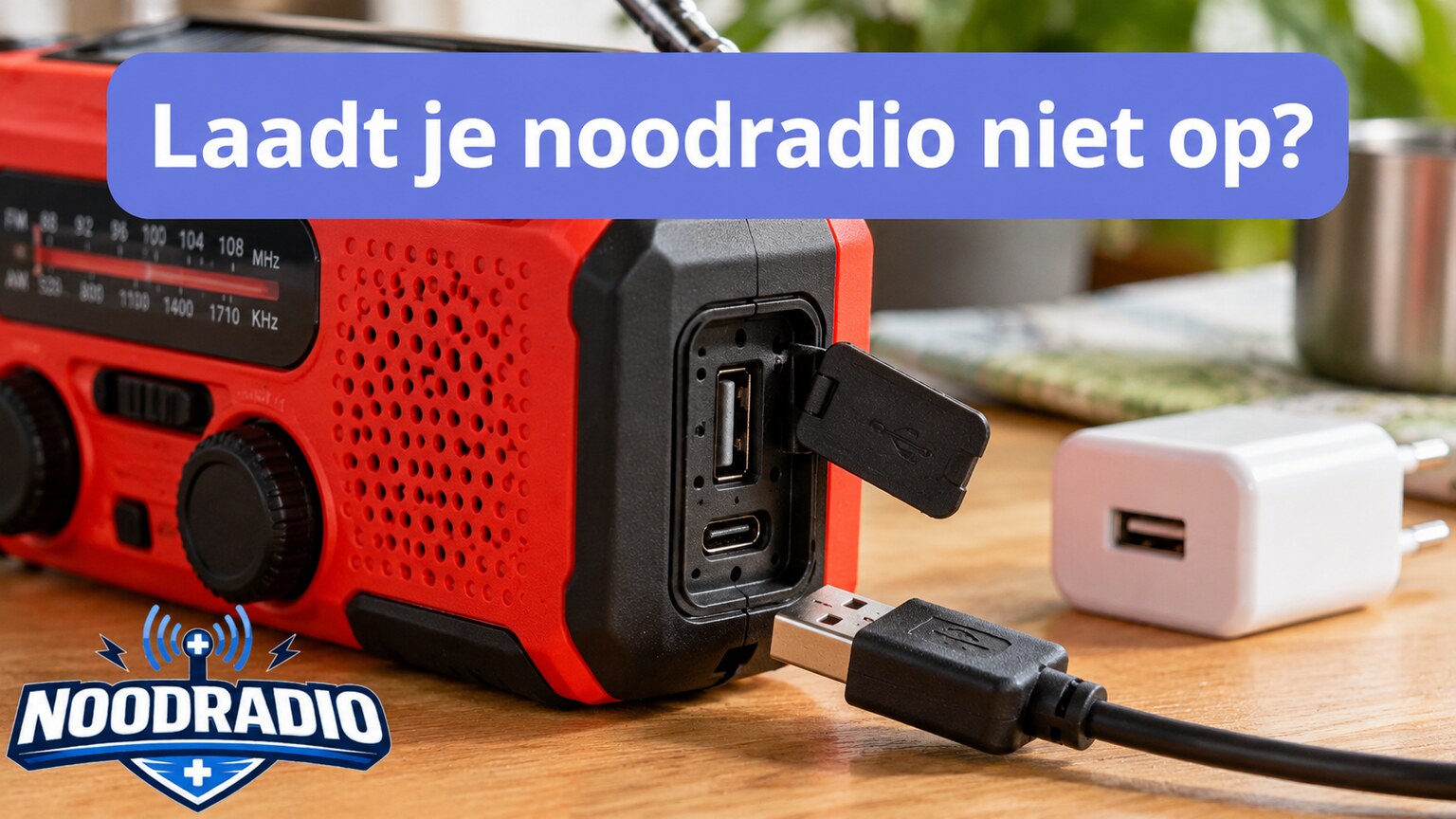 Noodradio met losliggende laadkabel en USB-adapter op een overzichtelijke werktafel