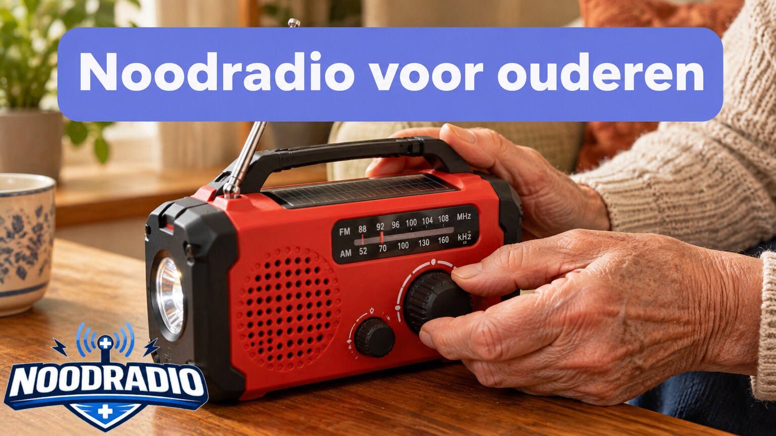 Oudere handen bedienen de grote draaiknop van een noodradio