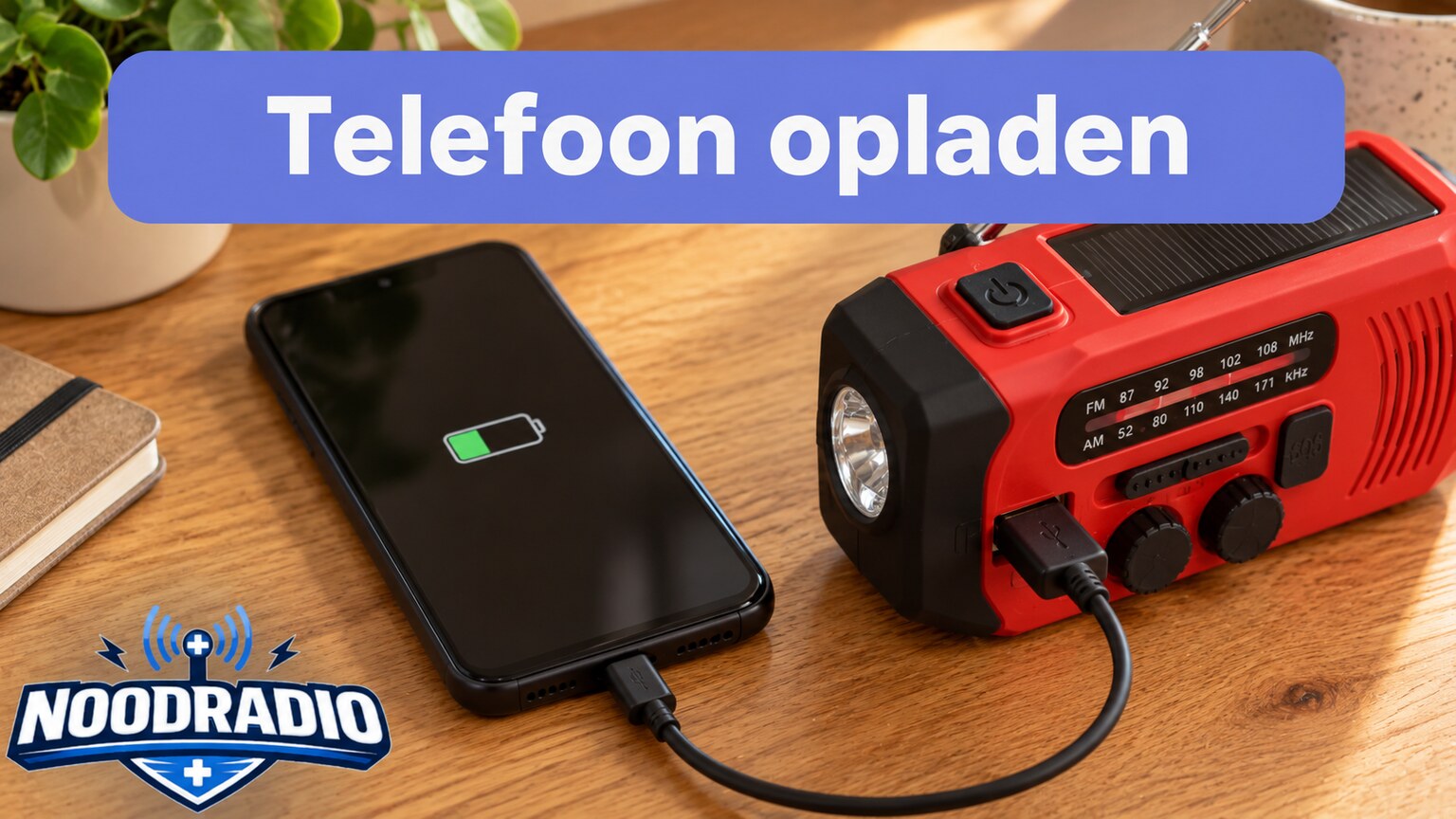 Smartphone met laadkabel aangesloten op de USB-uitgang van een noodradio