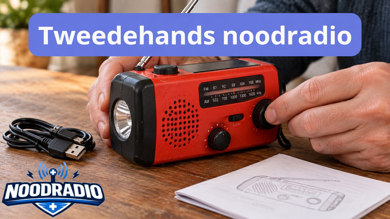 Een hand controleert een gebruikte noodradio naast een laadkabel en handleiding